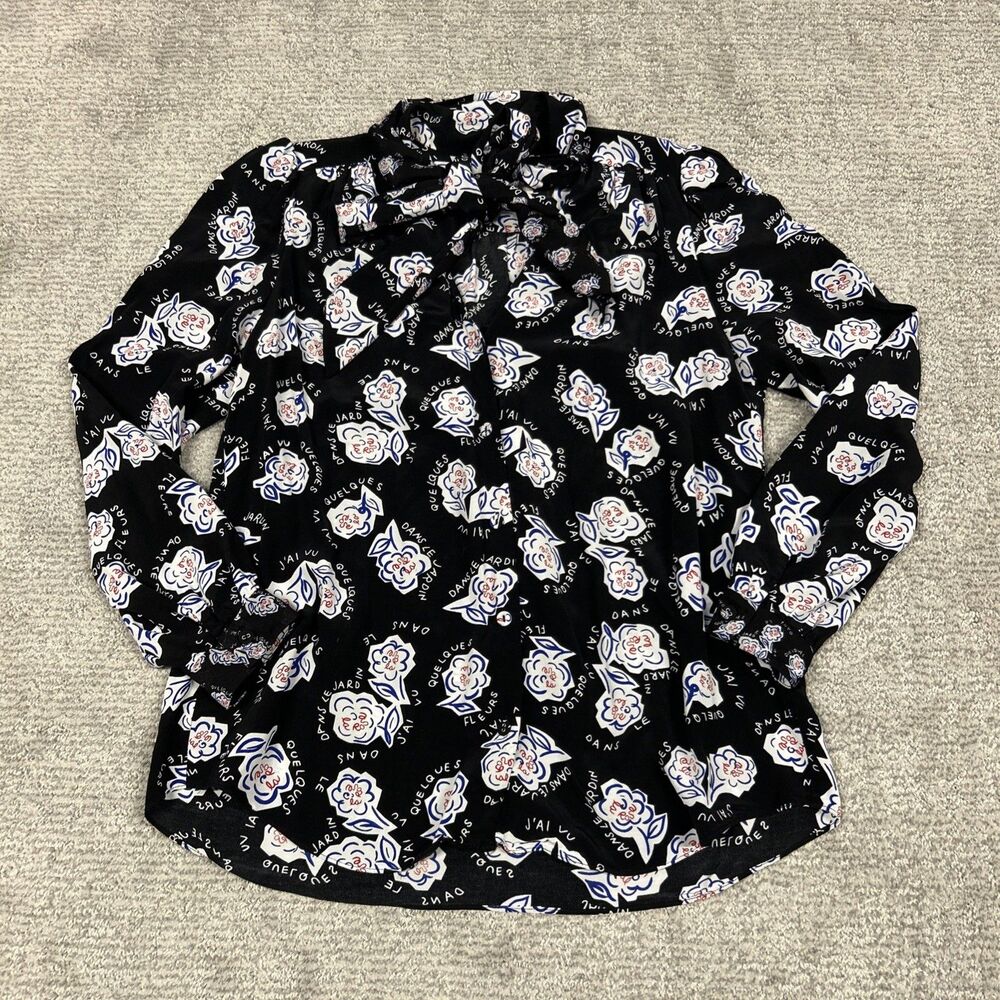 Diane Von Furstenberg Shirt Womens 8 Button Up Black Tie Neck Blouse DVF Top